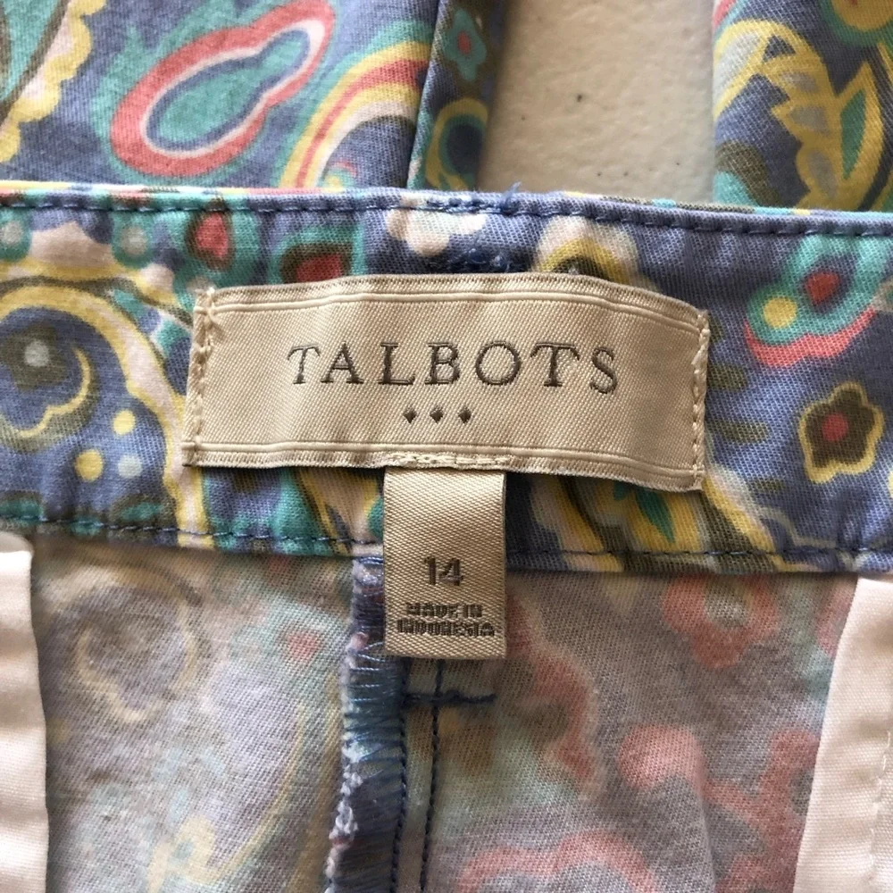 Talbots Paisley Cropped Chino Women Pants Size 14 Pastel Colors Split-Hem